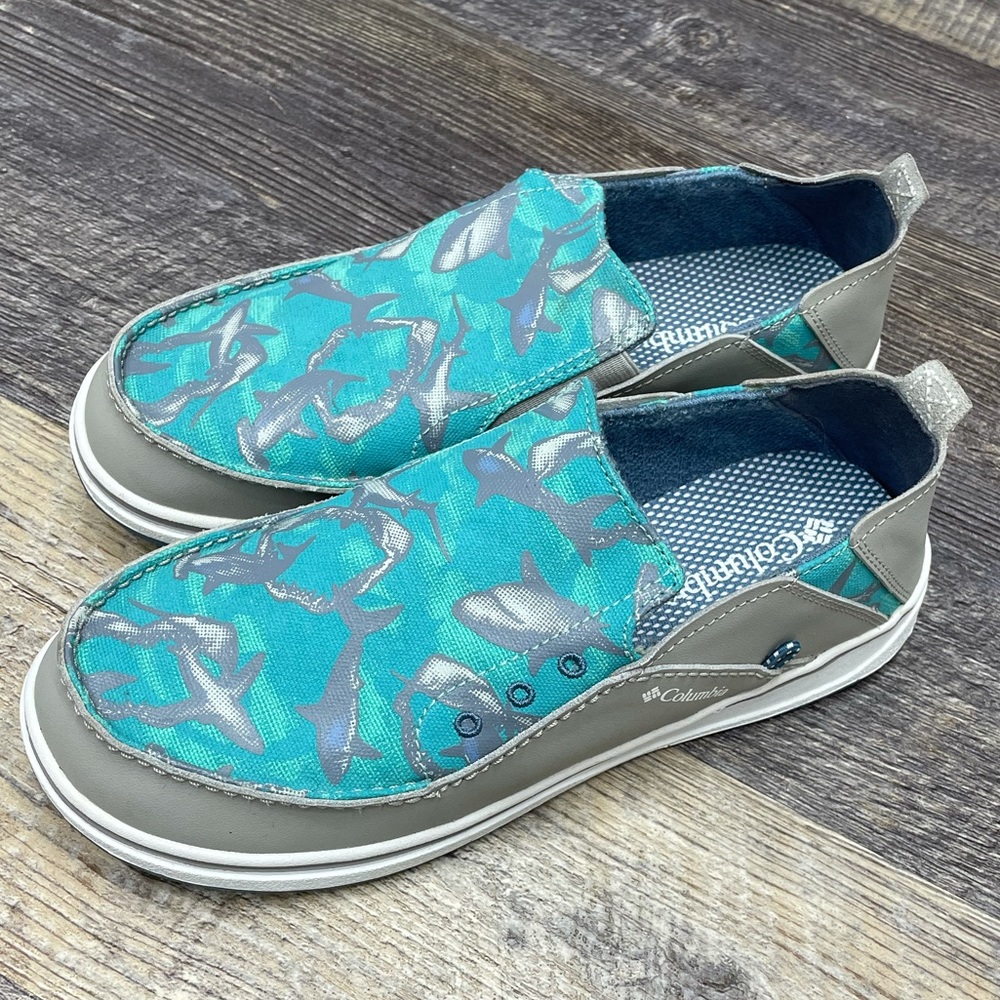 COLUMBIA Omni Grip Printed Canvas Shark Aqua Teal Blue Boat Shoe Slip On Size 6